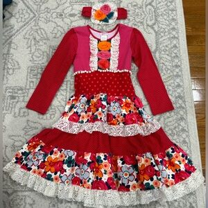 Floral Red and White Dress with Headband